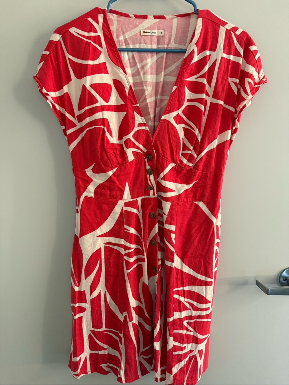 Marine Layer Red and White V-Neck Button-Front Women's Dress cotton